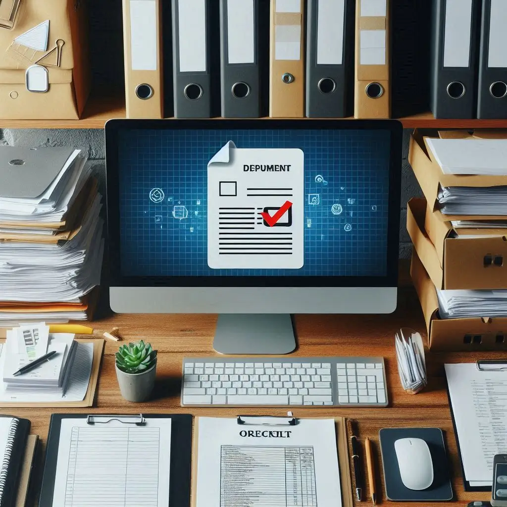 An organized workspace with stacked documents, a checklist, and a computer screen displaying document submission.