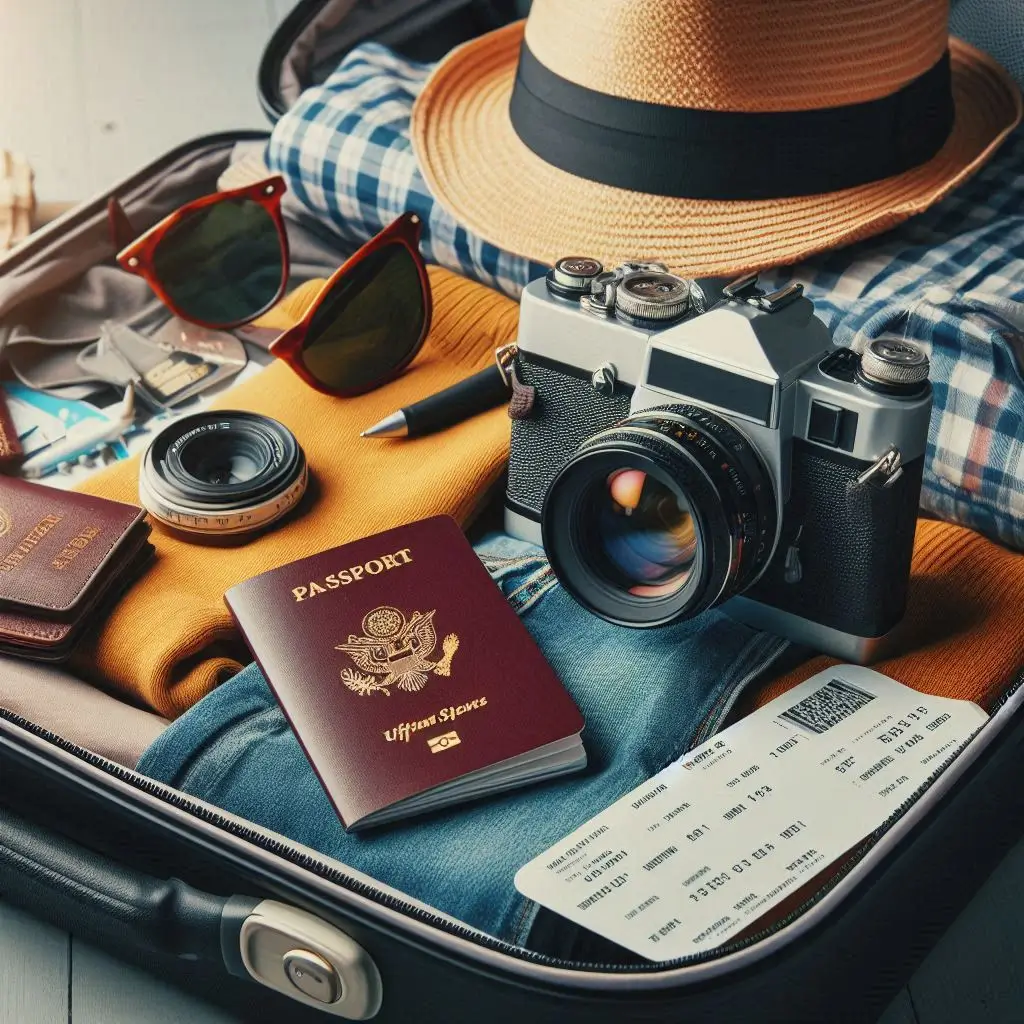 A packed suitcase with travel essentials, including a passport and plane tickets.