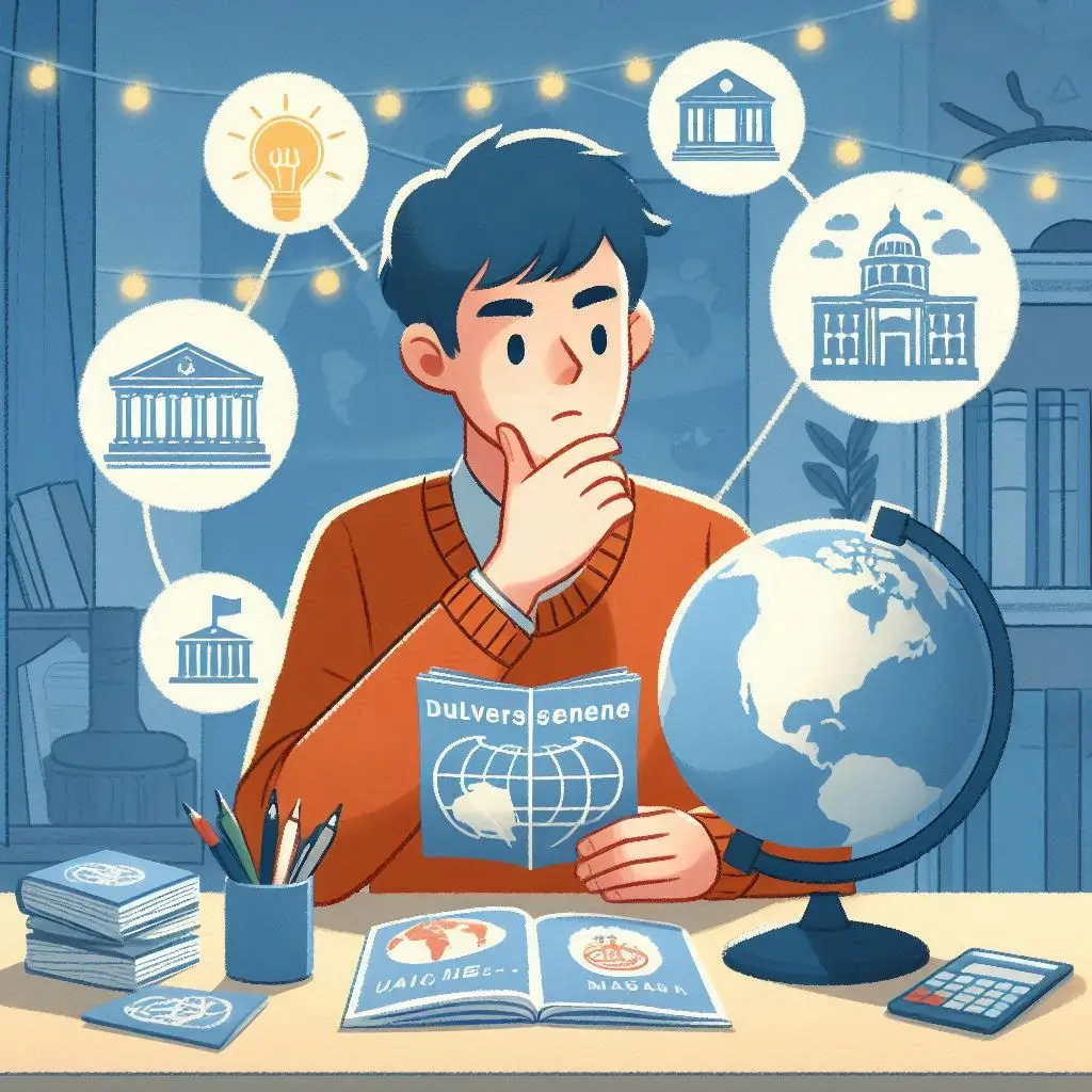 A person holding a globe and university brochures, contemplating which institution to choose.