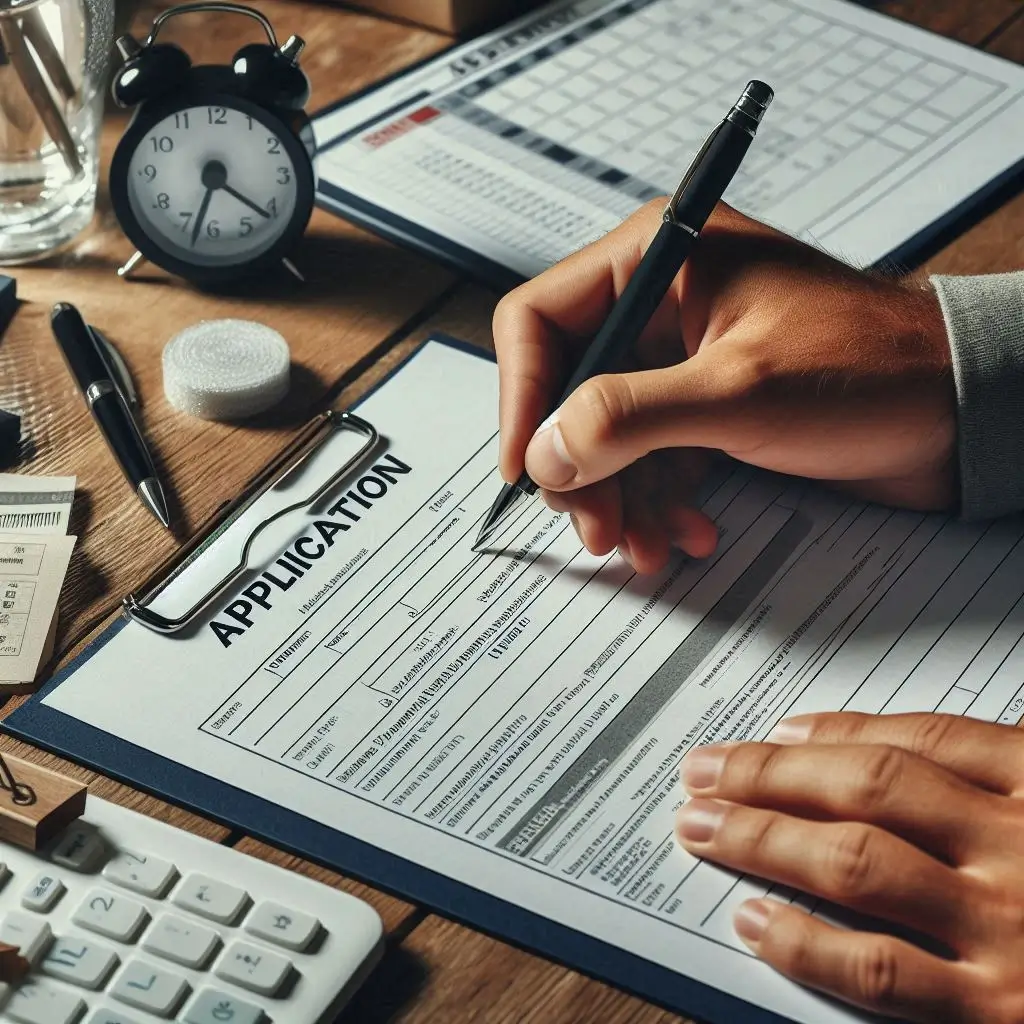 A close-up of a hand filling out an application form with documents and a calendar nearby.