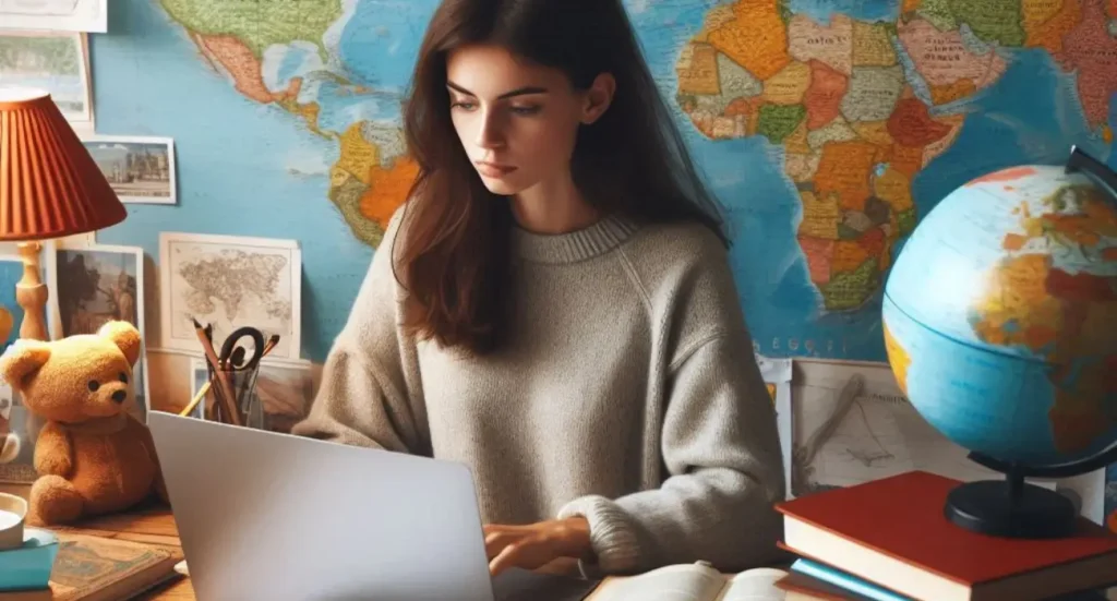 A person sitting at a desk surrounded by maps, books, and a laptop, researching different study abroad options.