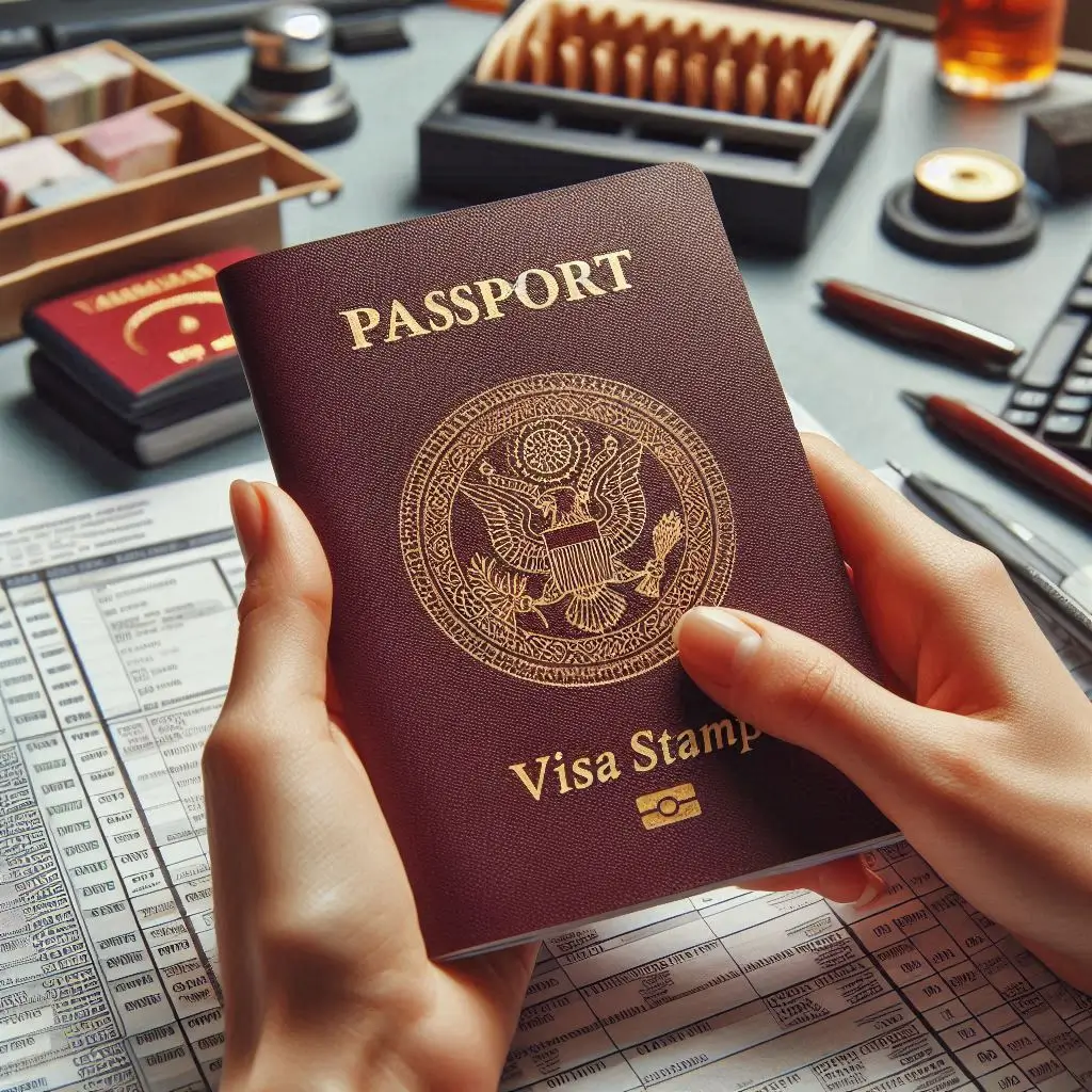 A passport being stamped with a visa at an immigration desk.