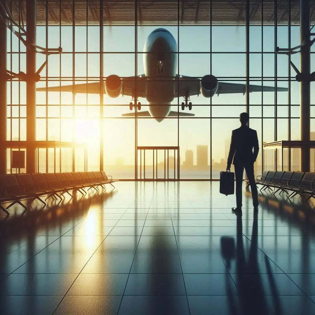 A person standing at an airport terminal, looking at an airplane through large windows.
