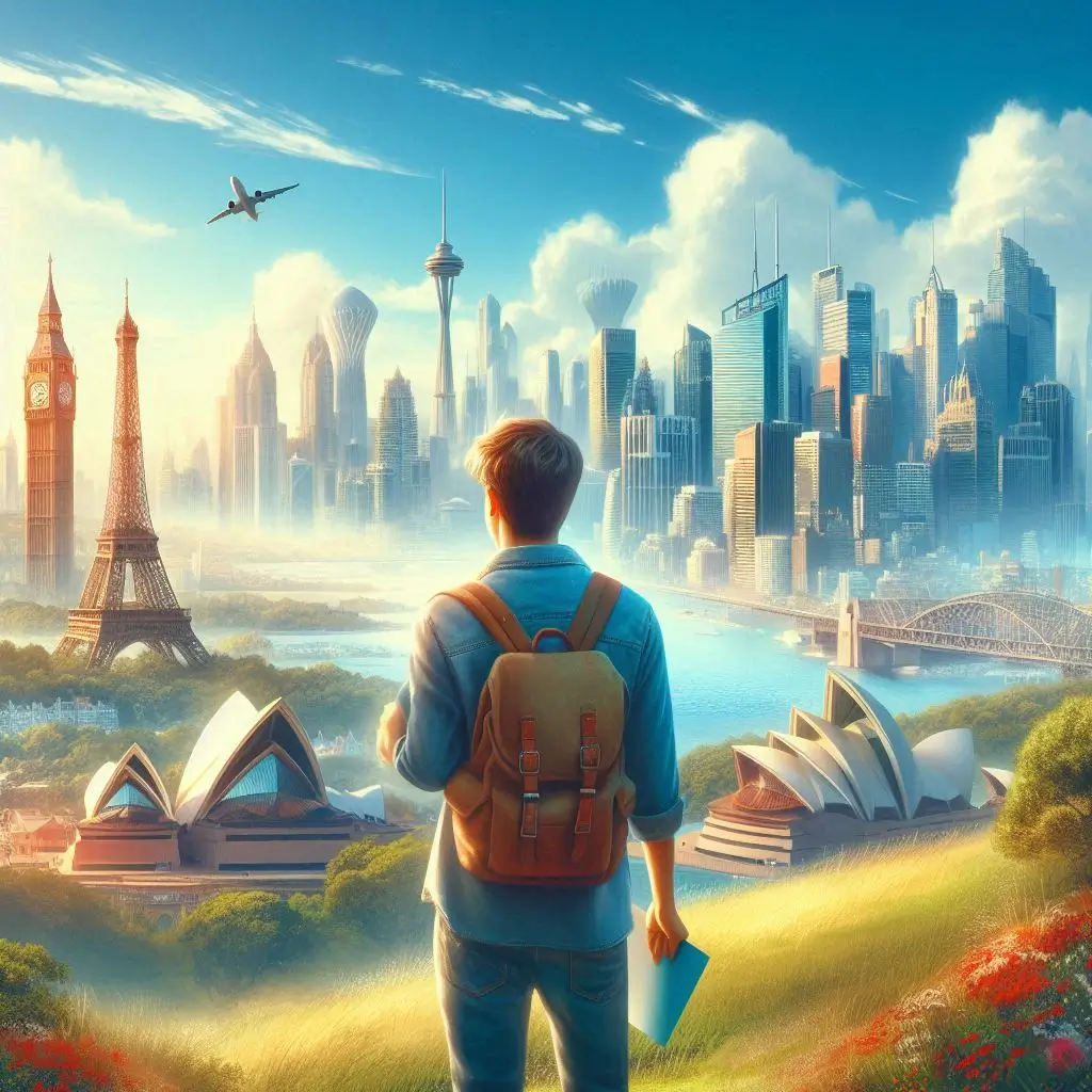 A young student standing on a hill overlooking a cityscape with iconic landmarks from around the world, holding a university acceptance letter and wearing a backpack.